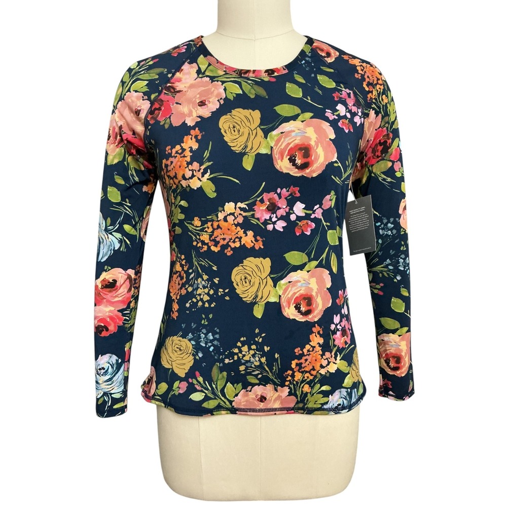 Garnet Hill Rash Guard Women's L Navy Floral Long Sleeve Swim Shirt UPF 50+ NWT